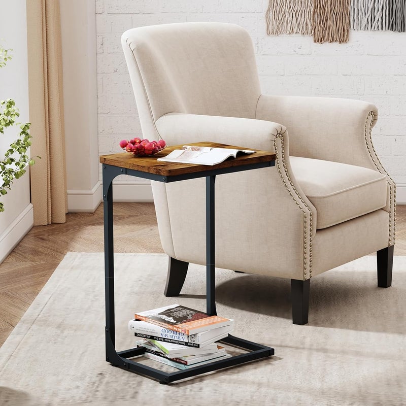 QEEIG C Shaped Side Table Set of 2 Living Room Sets Couch Tray Tables Small Farmhouse 15.7 inch Width, Rustic Brown (017-40BN) - Image 2